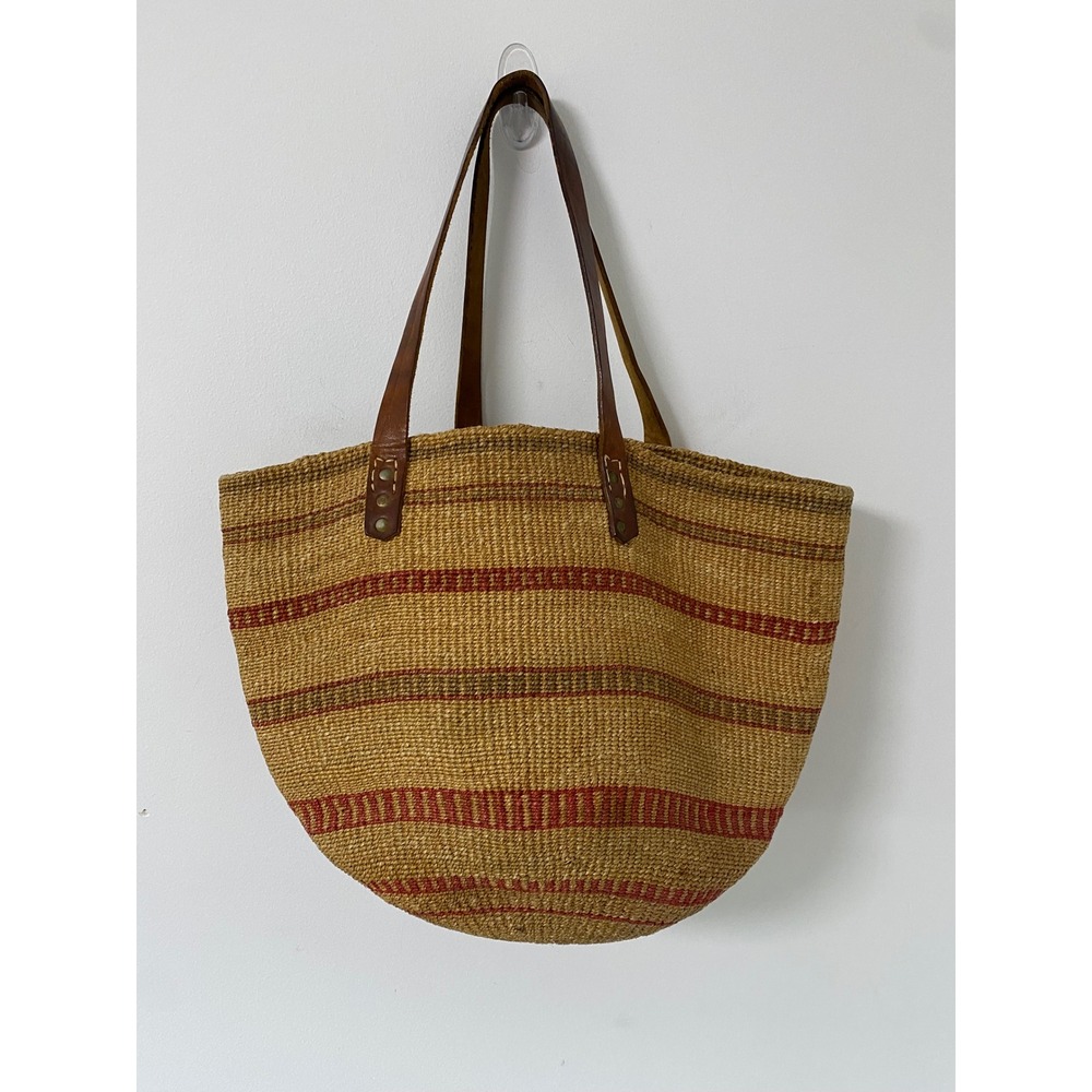 Vintage African Kiondo Woven Sisal Stripe Tote Market Bag Tan Red Boho Artisan